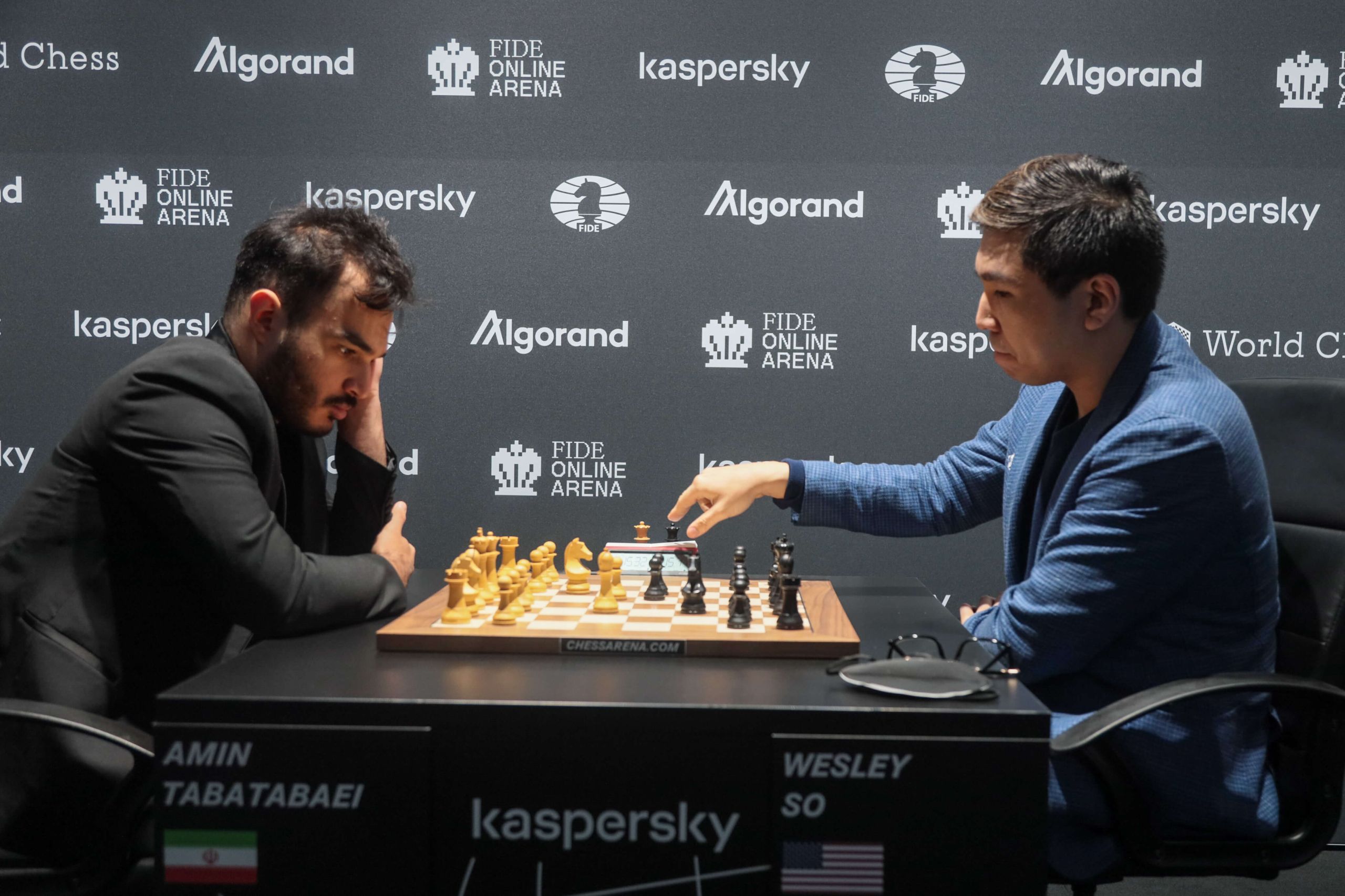Wesley So and Amin Tabatabaei after Game 1 of the FIDE Grand Prix in Berlin  Semifinals