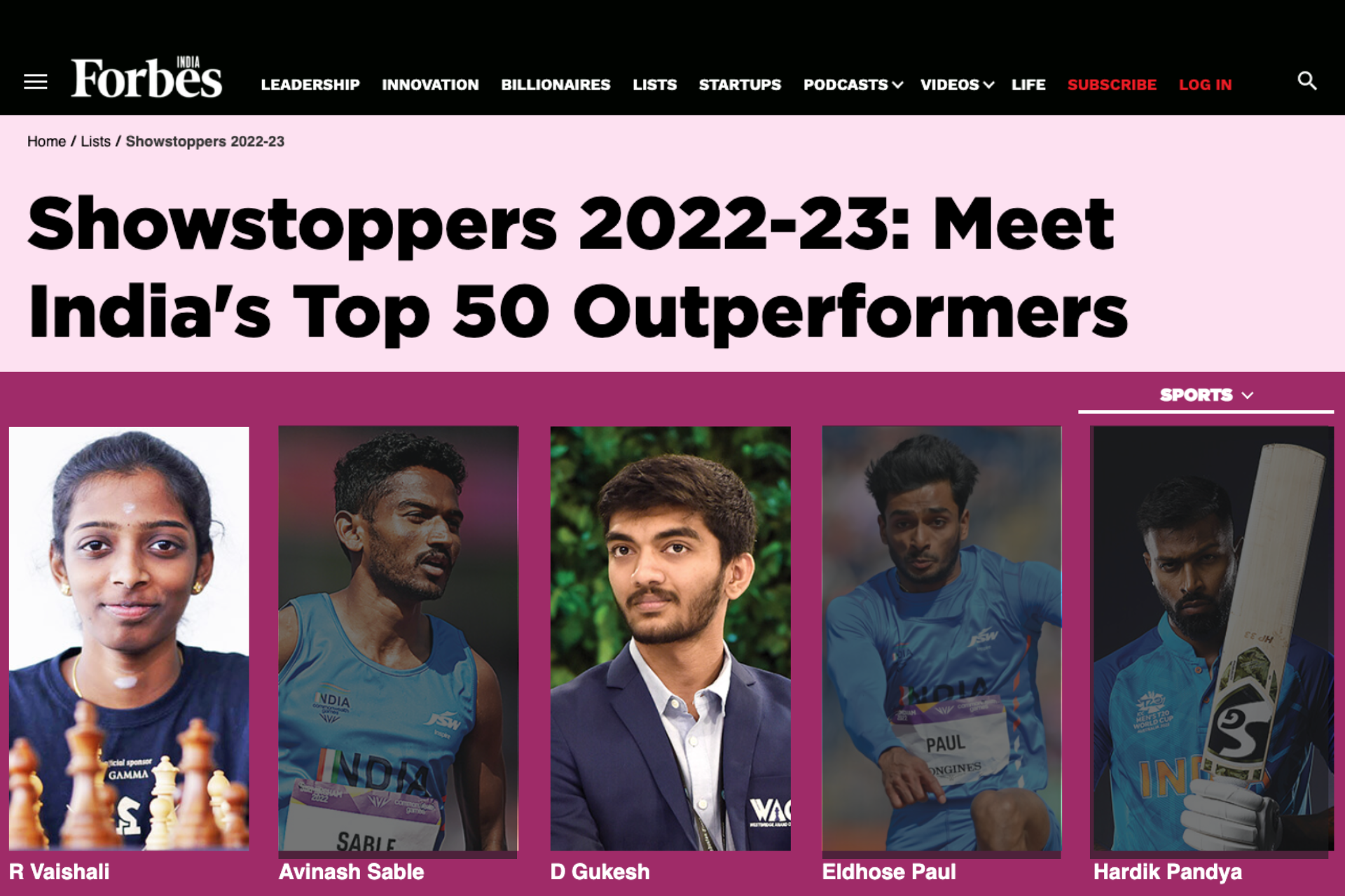 Forbes India: Gukesh and Vaishali are on the 2022-23 Showstoppers list