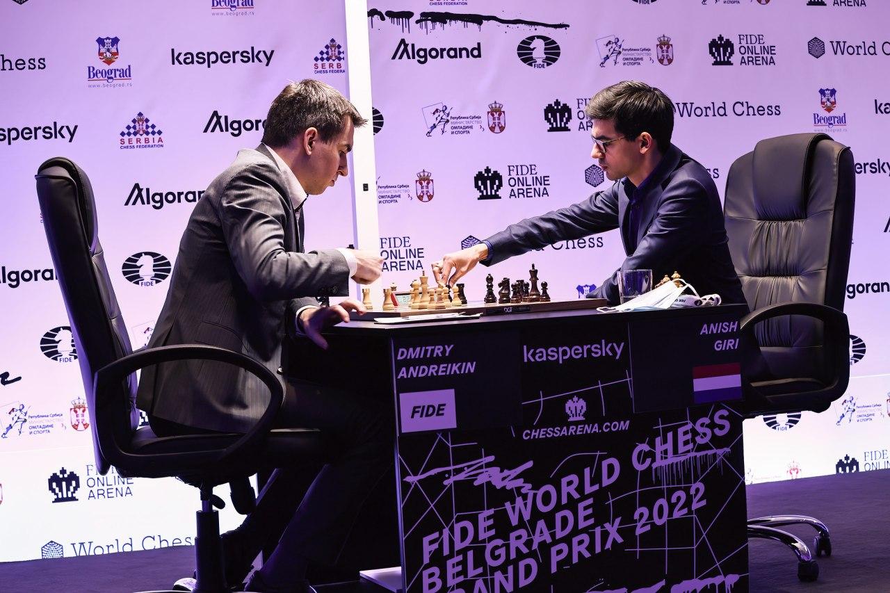 Hikaru Nakamura and Richard Rapport after the first semi-final of the FIDE  Grand Prix 2022 